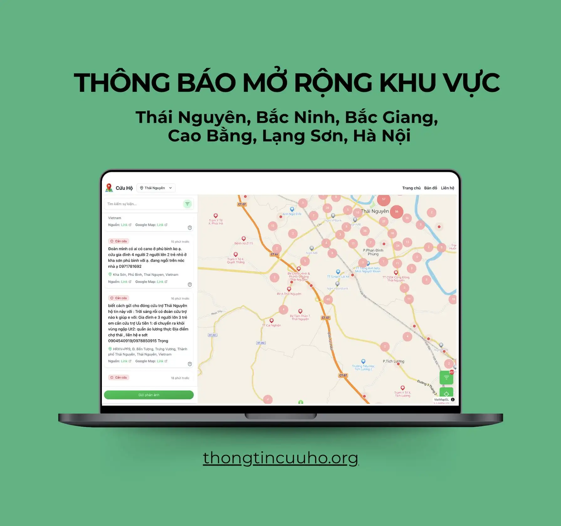 Nền tảng số cứu hộ của team được cập nhật theo thời gian thực và được mở rộng thêm nhiều địa phương sau 24h khởi chạy